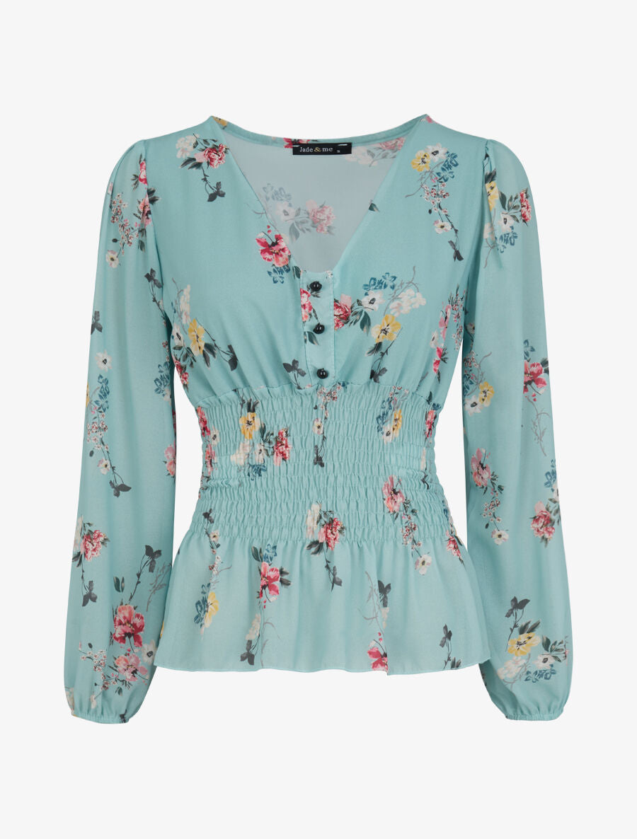 Top élastiqué imprimé floral - Vert d&
