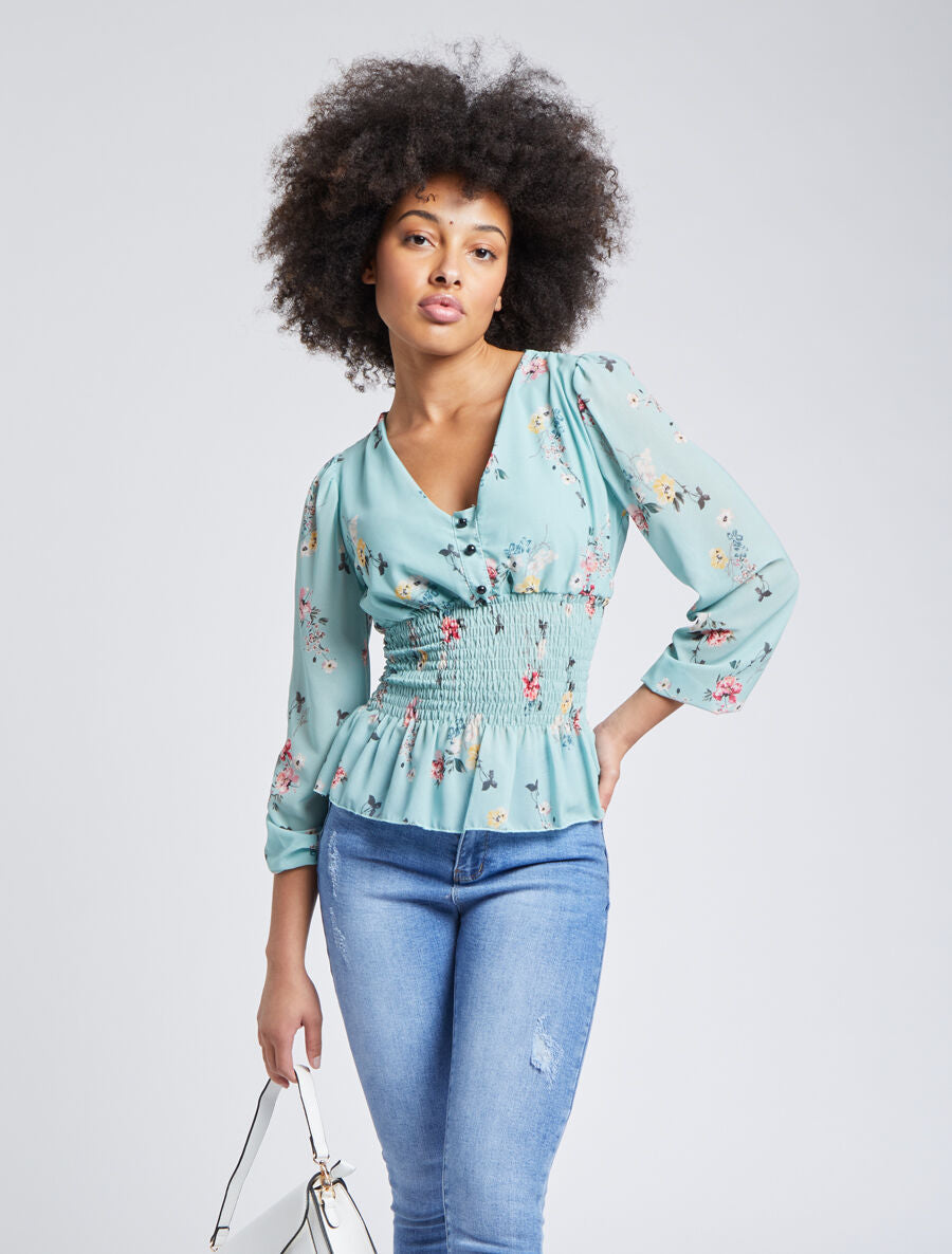 Top élastiqué imprimé floral - Vert d&