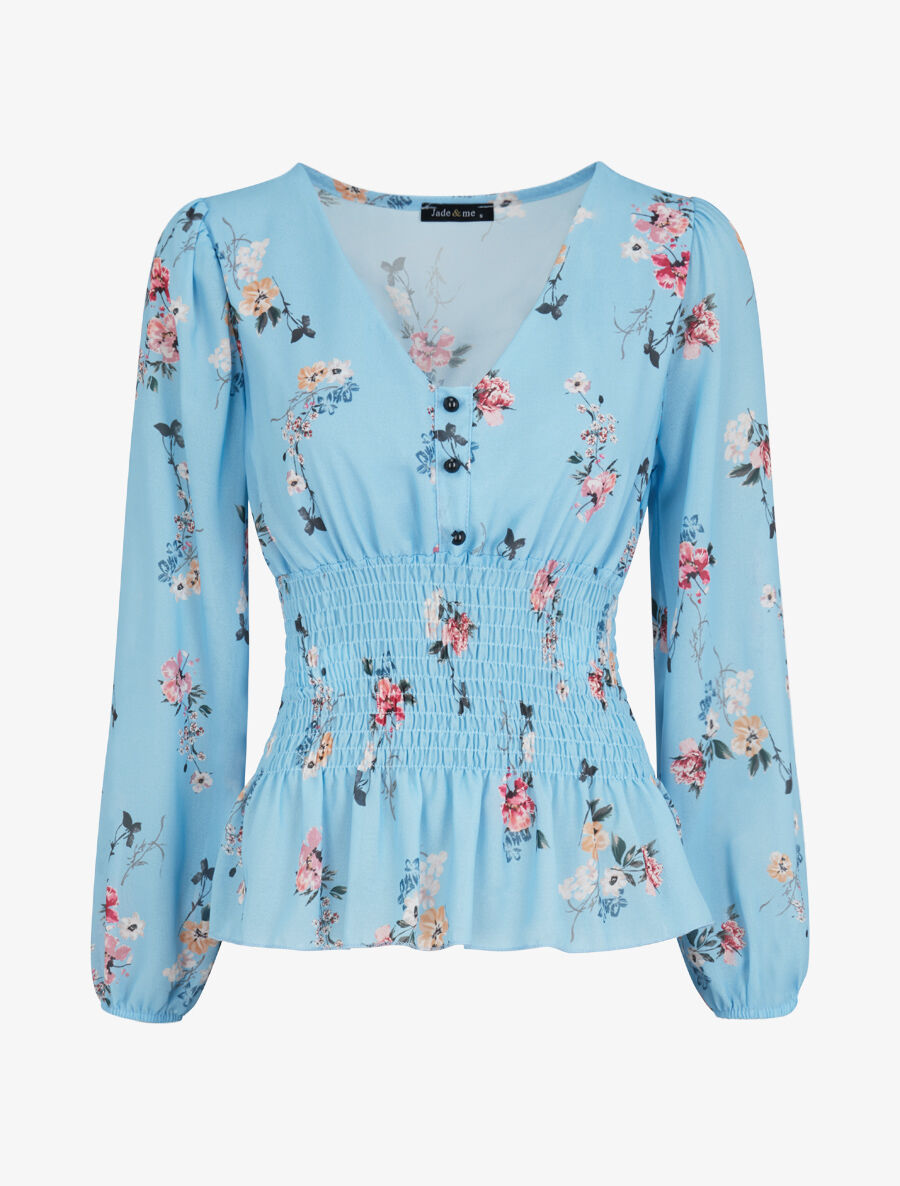 Top élastiqué imprimé floral - Bleu ciel - 2