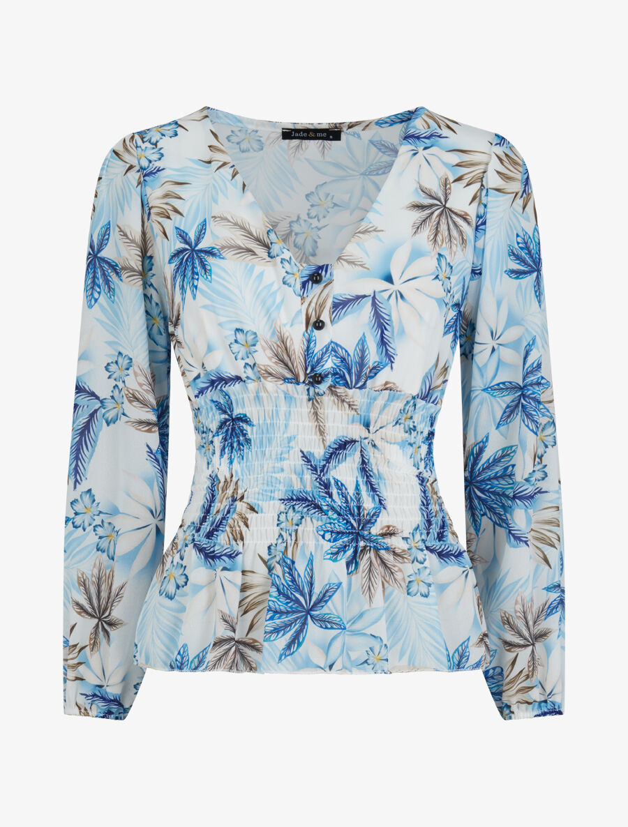 Top élastiqué imprimé tropical - Bleu - 4