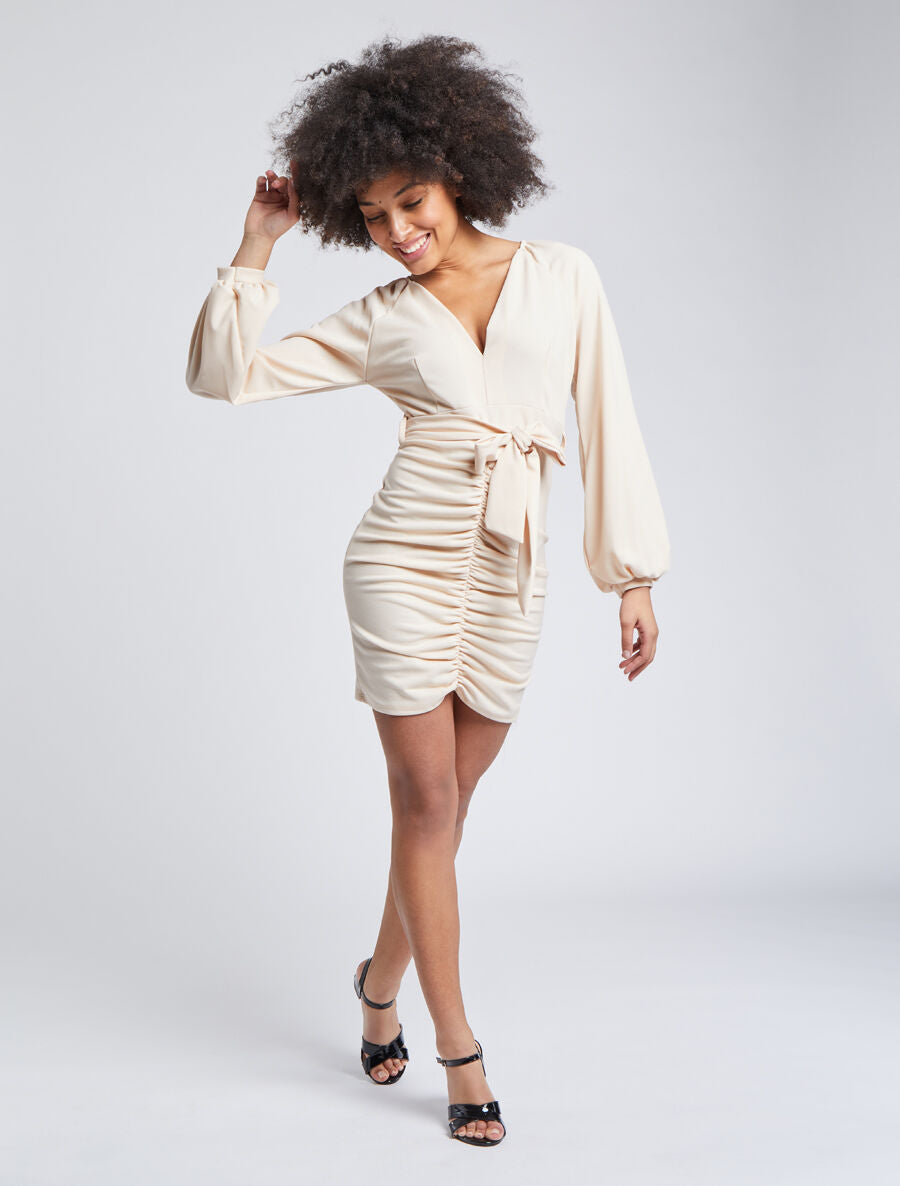 Robe moulante à détail froncés - Beige - 4