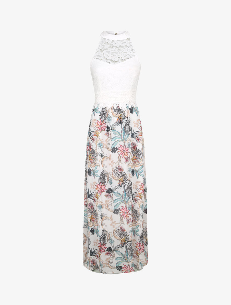 Robe longue imprimé fleurs baroques et buste en dentelle - Blanc - 1