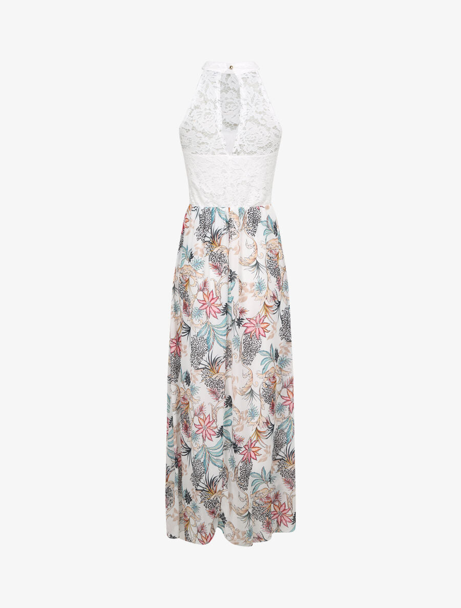 Robe longue imprimé fleurs baroques et buste en dentelle - Blanc - 2