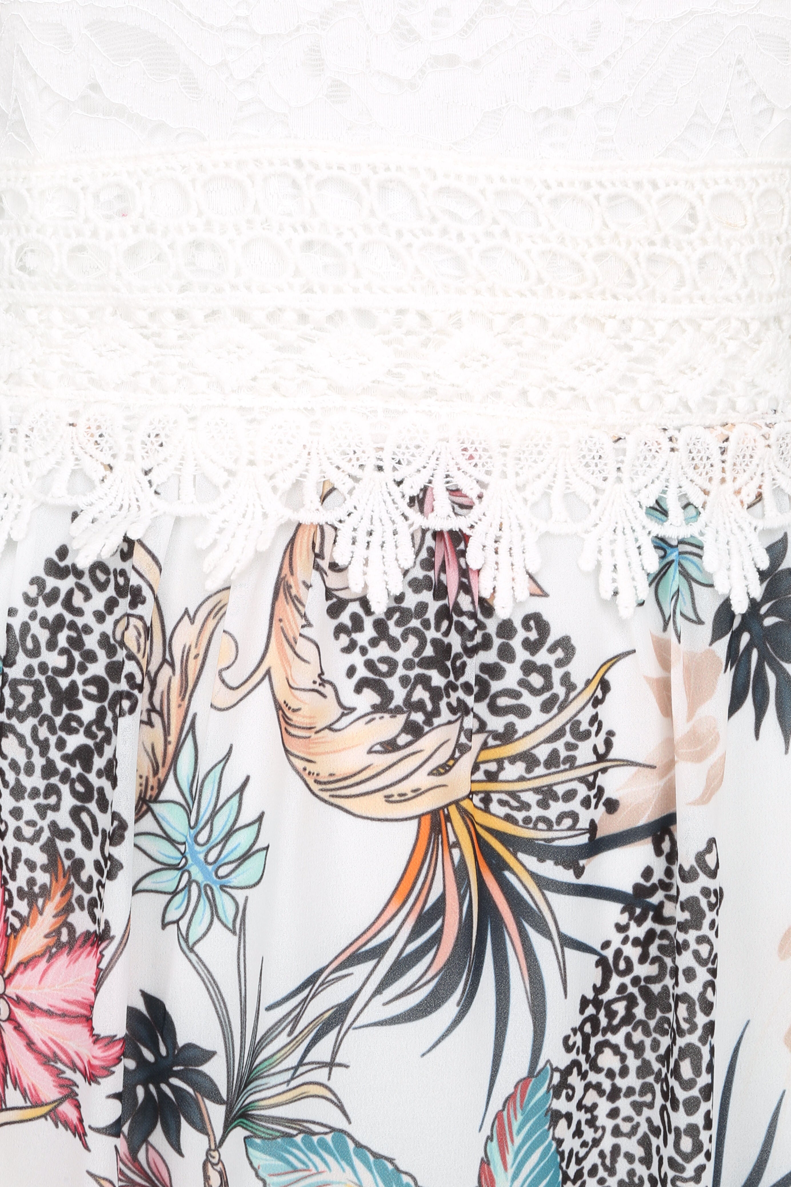 Robe longue imprimé fleurs baroques et buste en dentelle - Blanc - 3