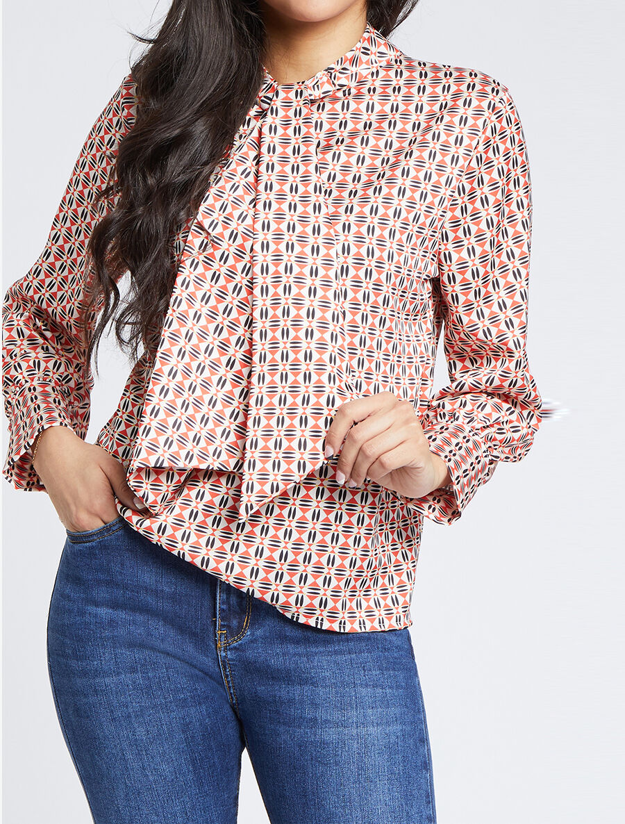 Blouse droite lavallière imprimé mosaïque - Rouge - 1