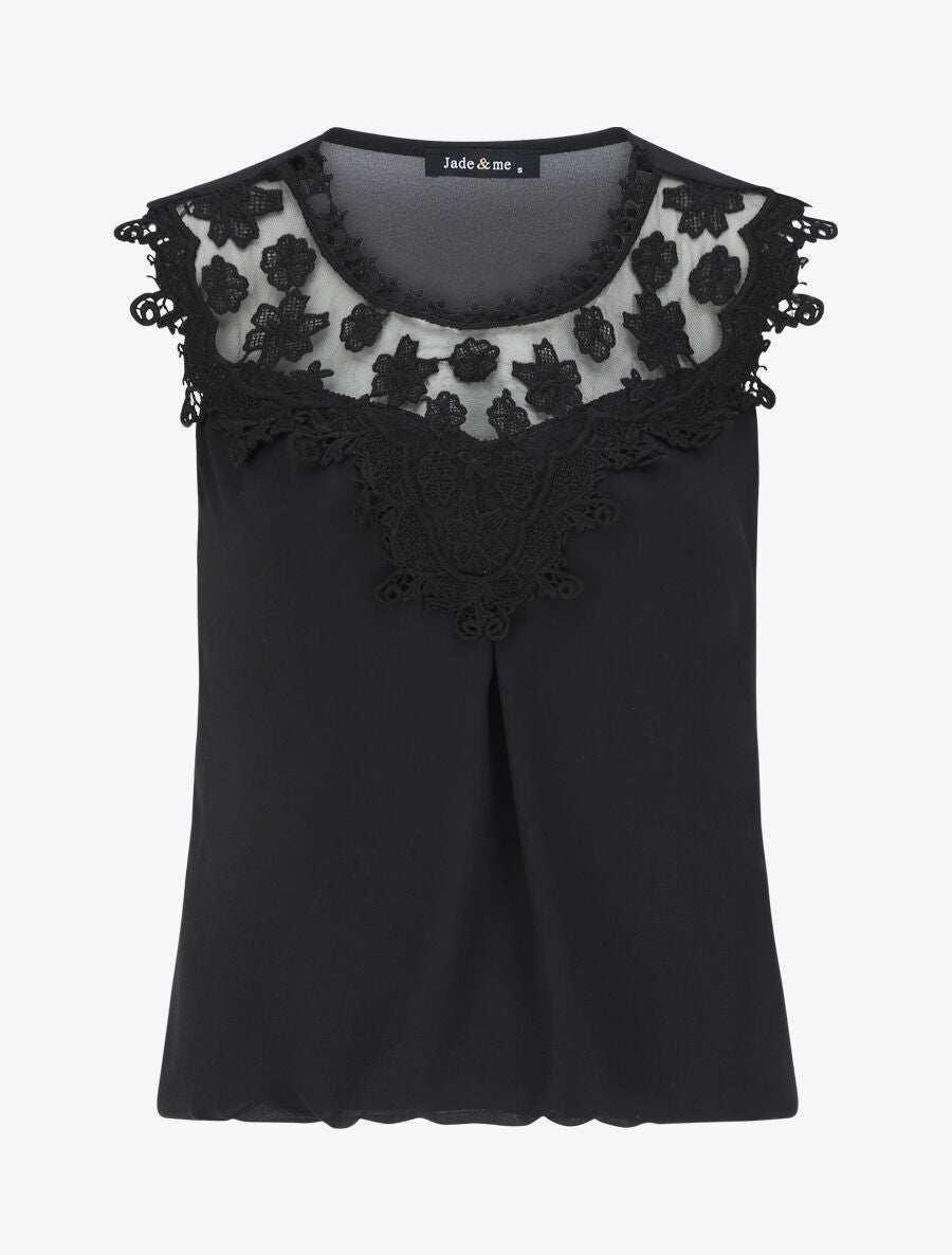 Top coupe boule à col en crochet et mesh - Noir - 3