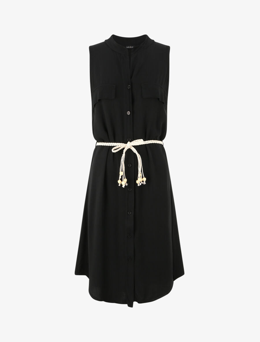 Robe chemise mi-longue unie à poches décoratives - Noir - 1