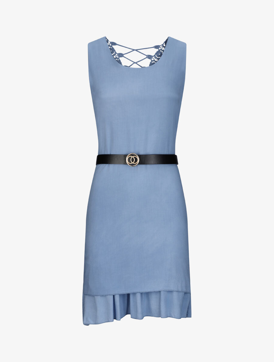 Robe courte droite à dos en crochet - Bleu - 4