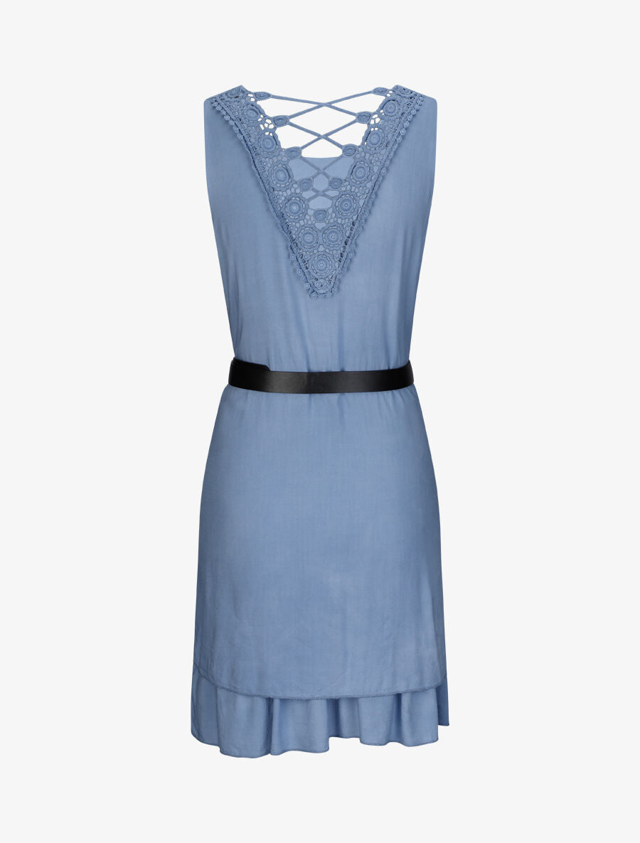 Robe courte droite à dos en crochet - Bleu - 2