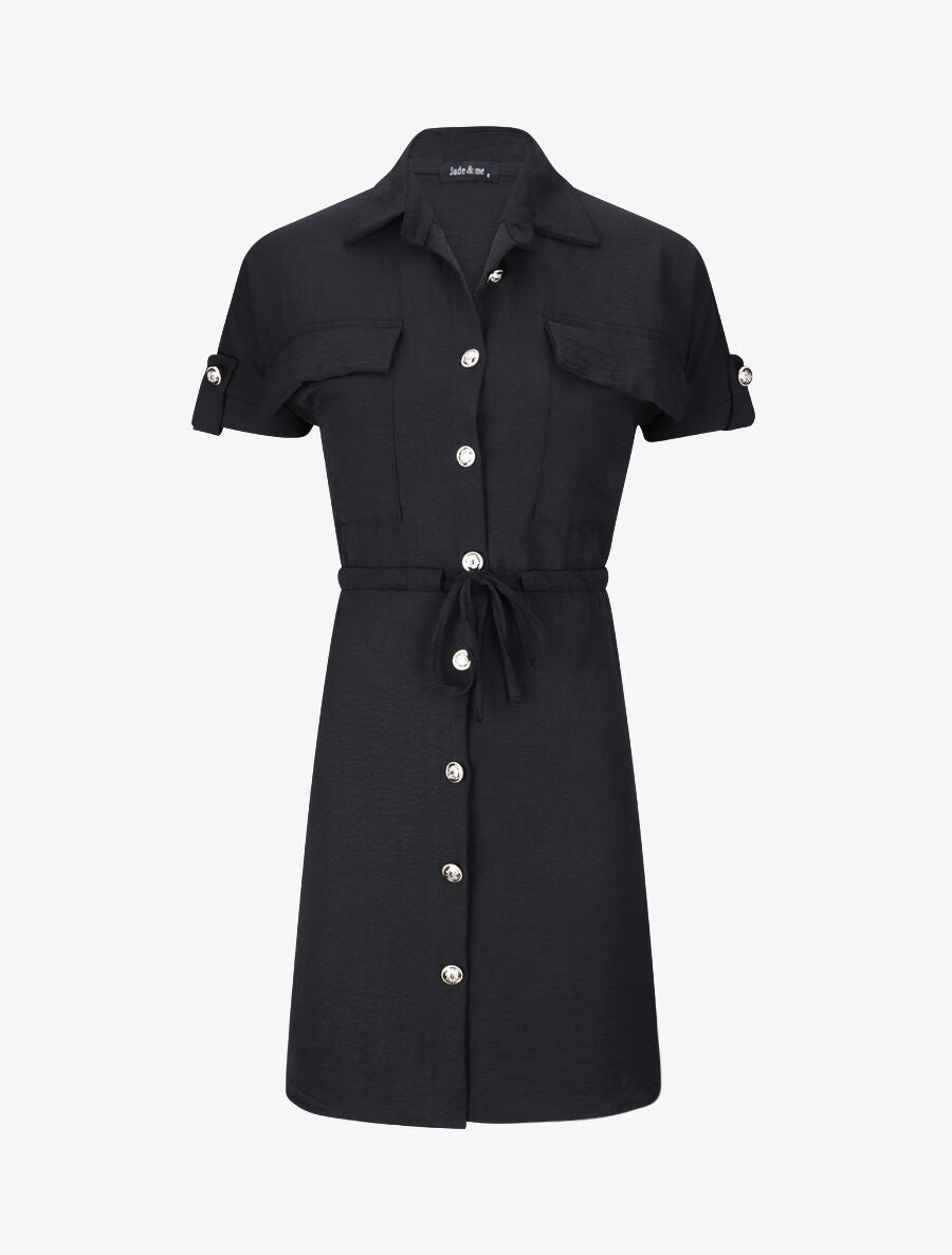 Robe chemise courte oversize unie à manches courtes - Noir - 1