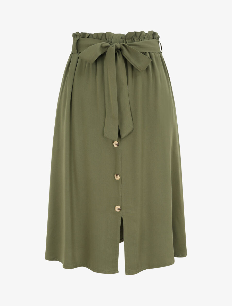 Jupe mi-longue évasée unie à taille froncée - Kaki - 1
