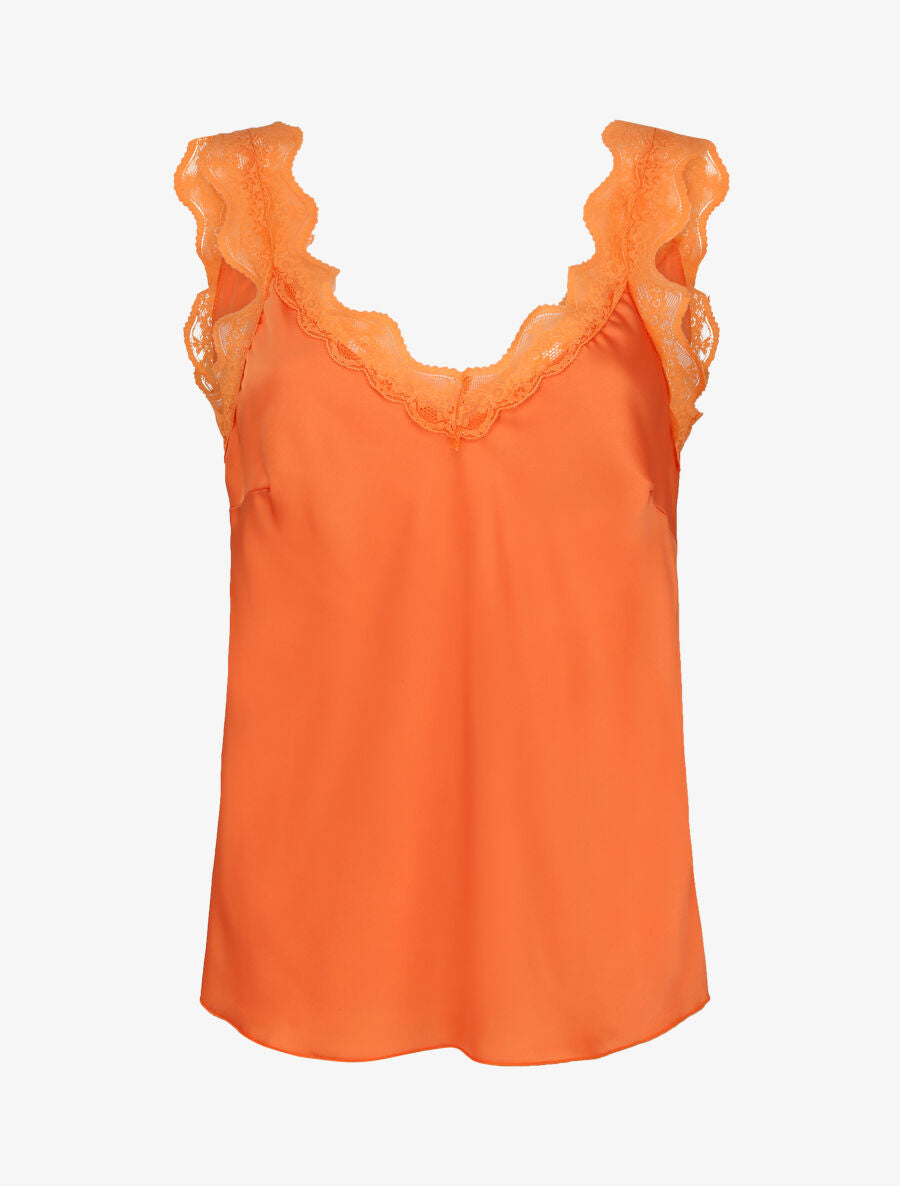 Débardeur droit satiné à bretelles en dentelle - Orange - 1