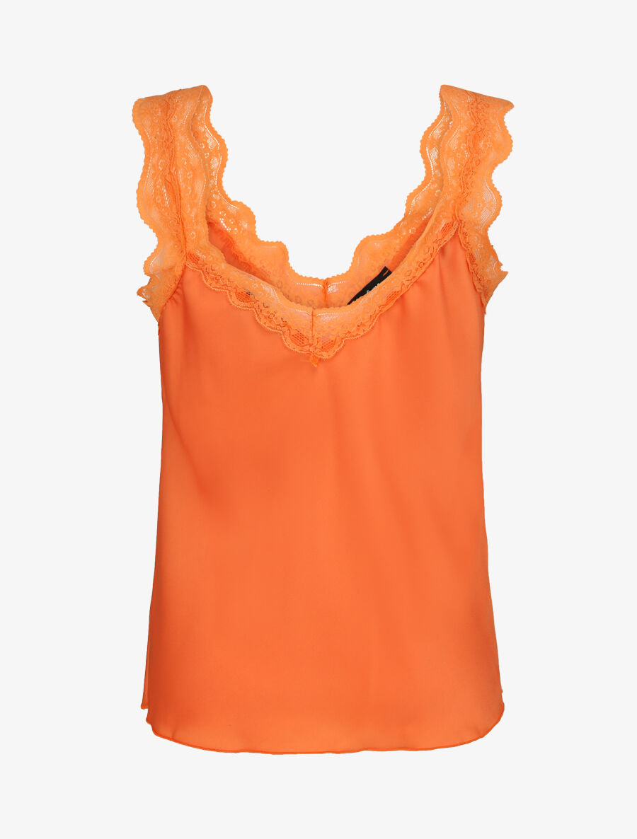Débardeur droit satiné à bretelles en dentelle - Orange - 2