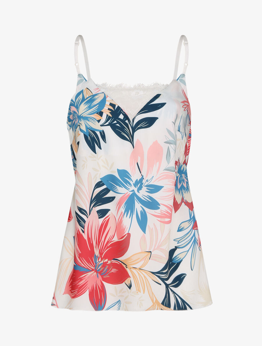 Caraco droit satiné à imprimé fleurs tropicales et dentelle stylisée - Blanc - 4