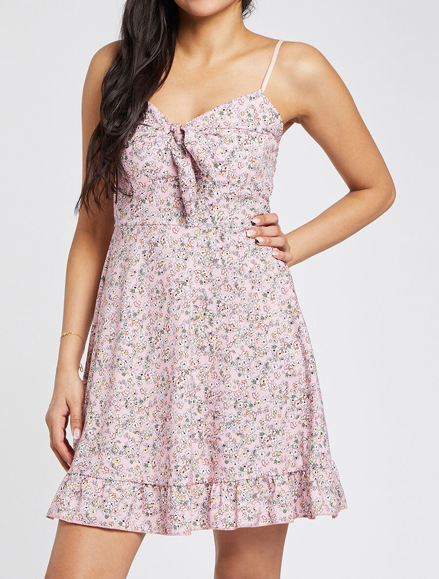 Robe courte empire fleurie à noeud - Rose pâle - 4