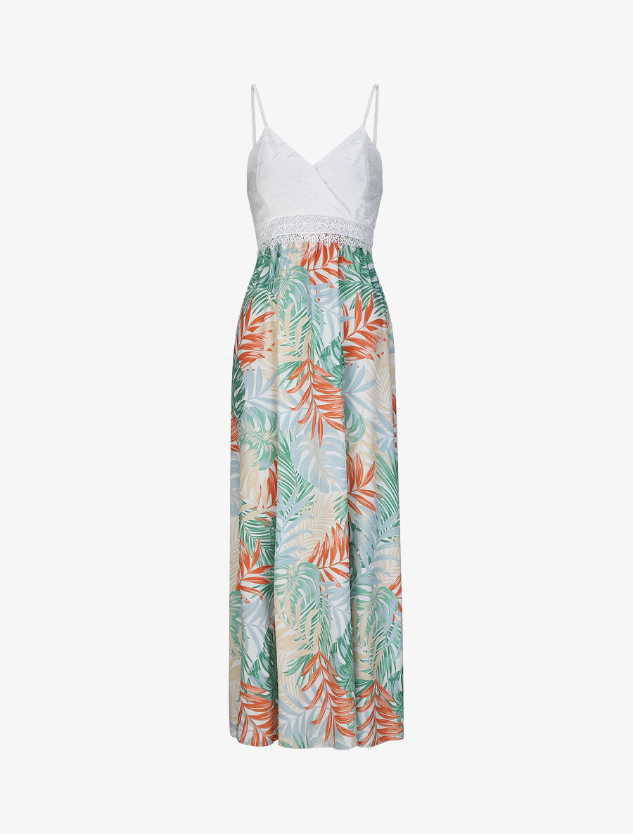 Robe longue empire imprimé plantes tropicales et buste dentelle - Blanc - 1