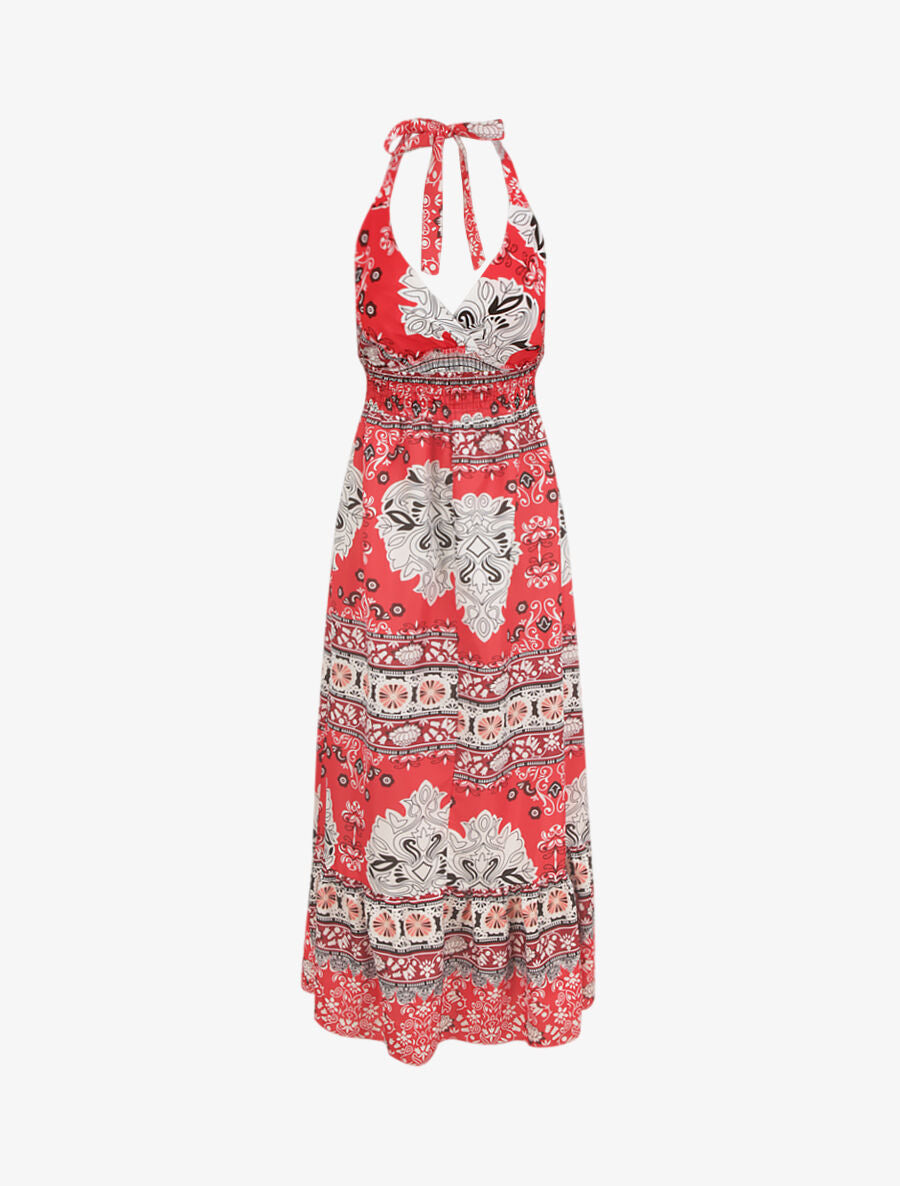 Robe longue dos nu imprimé mosaïque - Rouge - 2