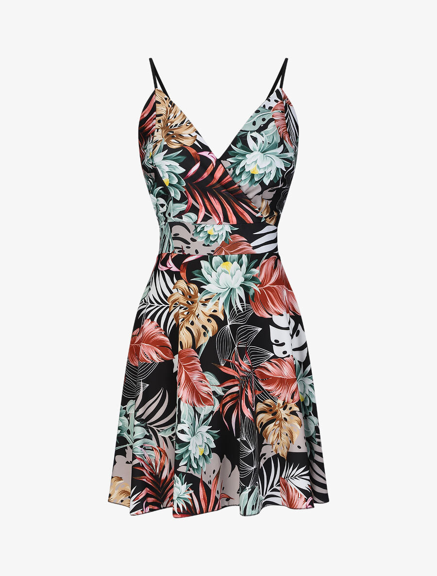 Robe patineuse courte imprimé fleur de lotus - Noir - 1