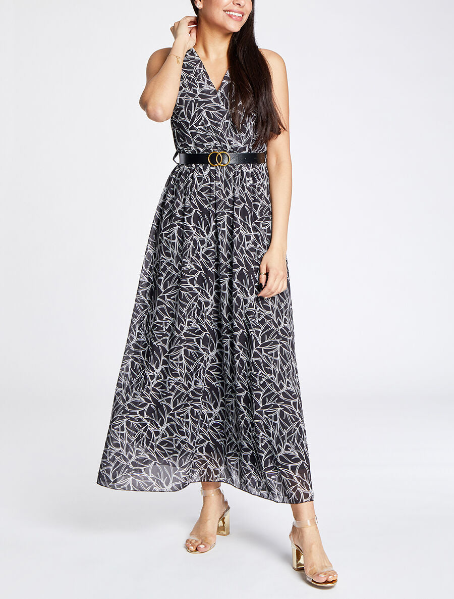 Robe longue à imprimé feuillages - Noir - 1