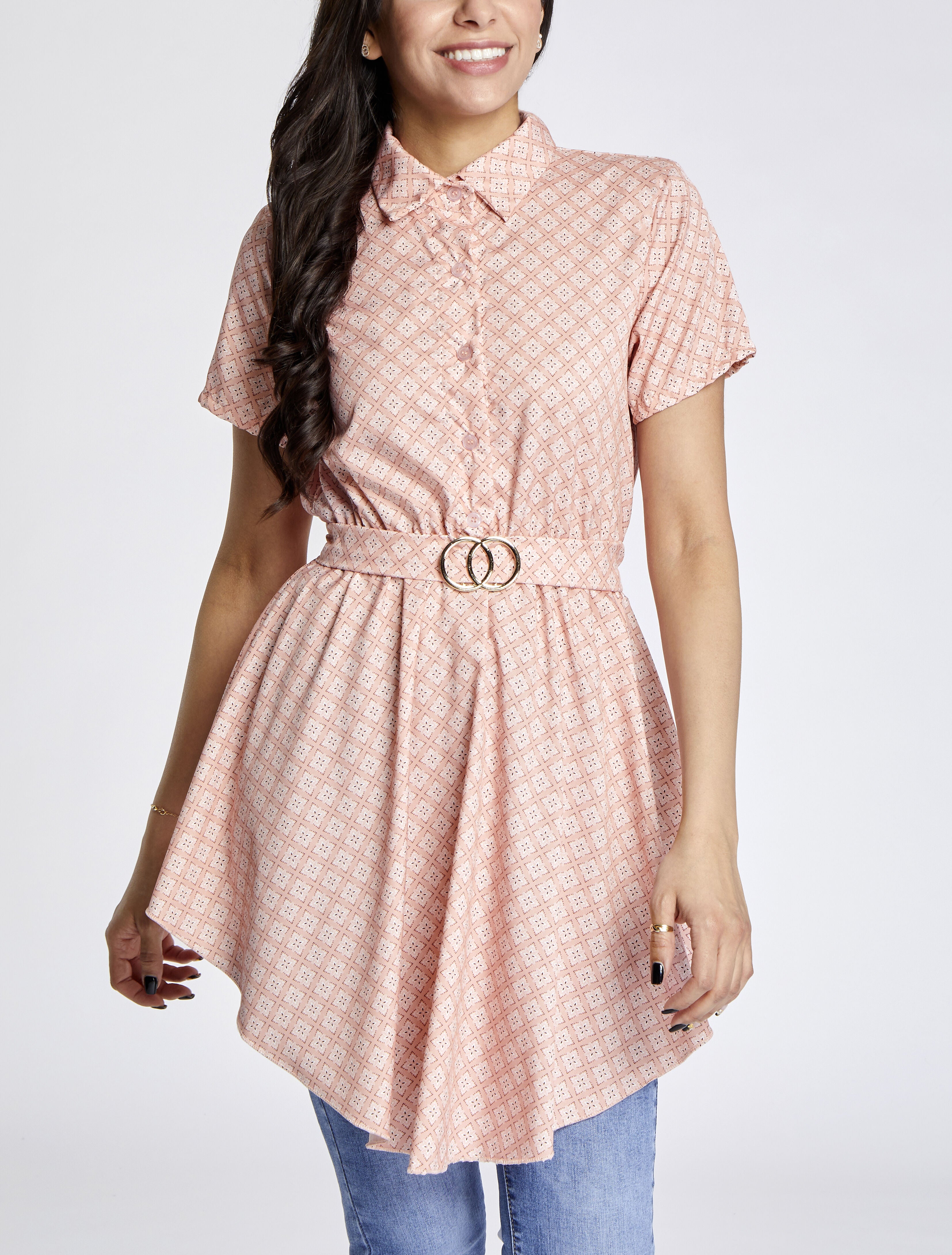 Tunique patineuse imprimé mosaïque à boucle dorée - Rose - 4