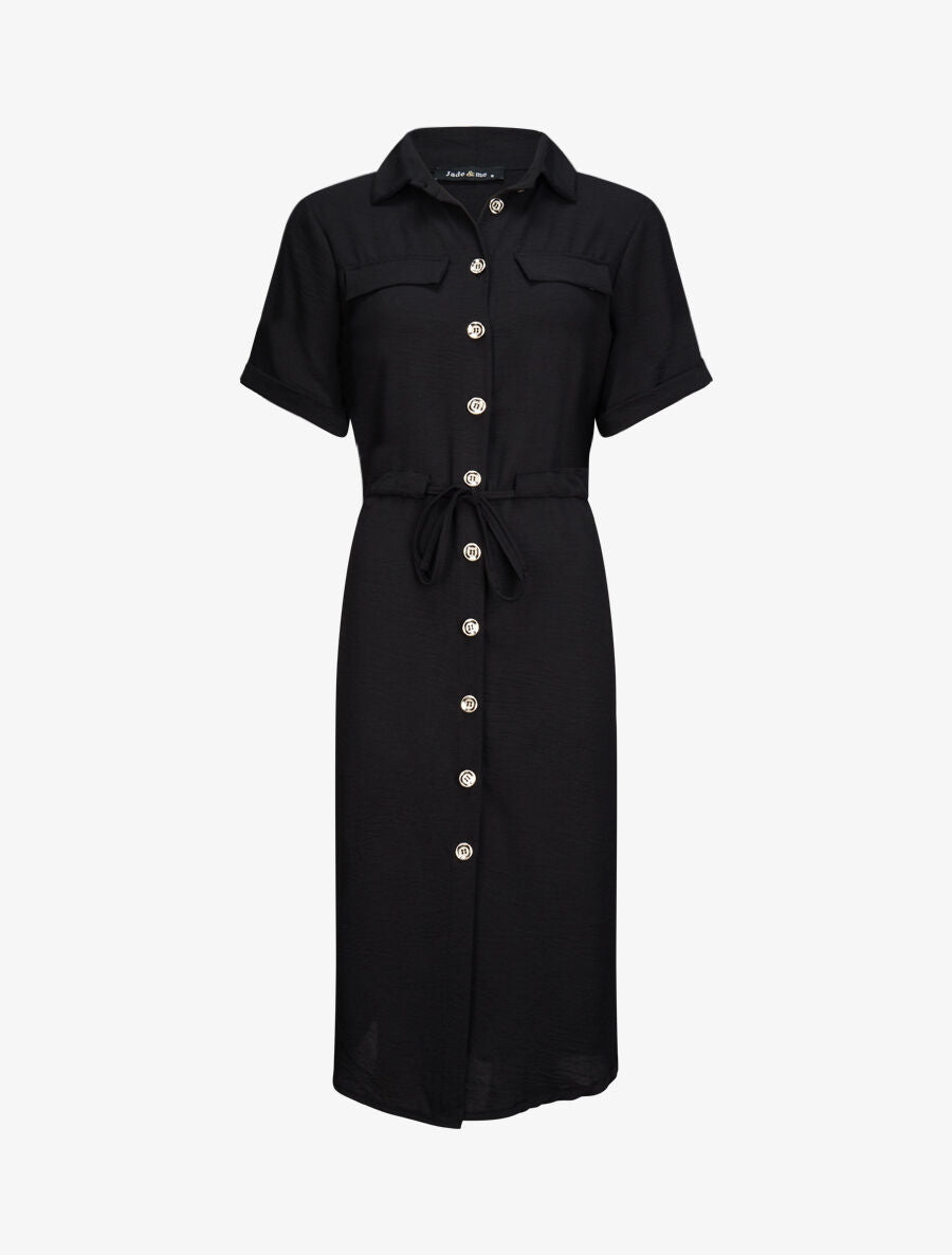 Robe chemise à taille élastiquée - Noir - 1
