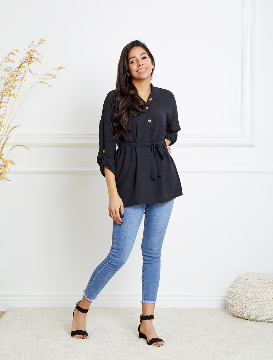 Tunique style chemise à détail dentelle - Noir - 4