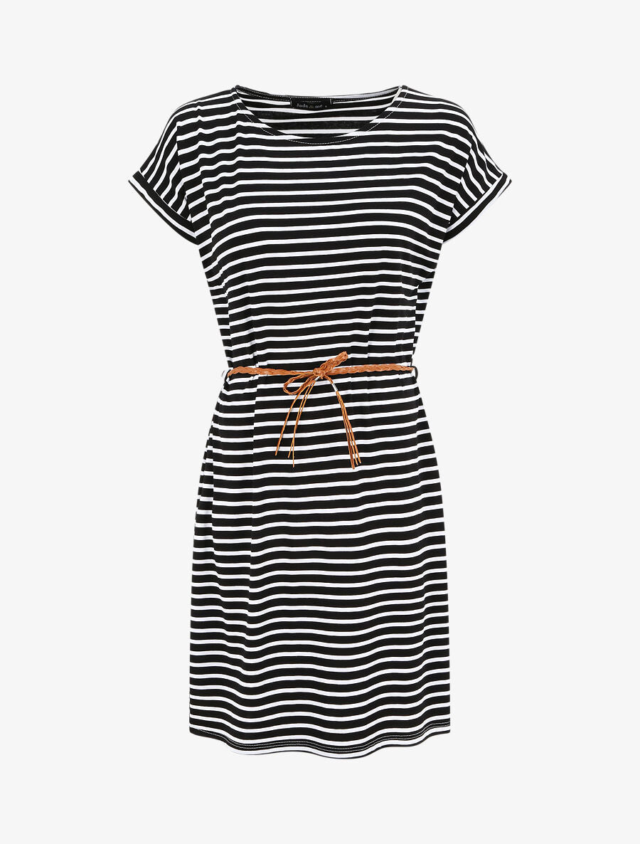 Robe courte droite rayée à manches courtes - Noir - 1