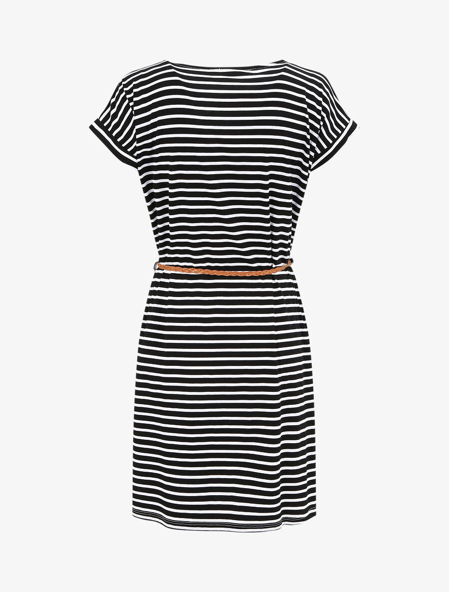 Robe courte droite rayée à manches courtes - Noir - 2