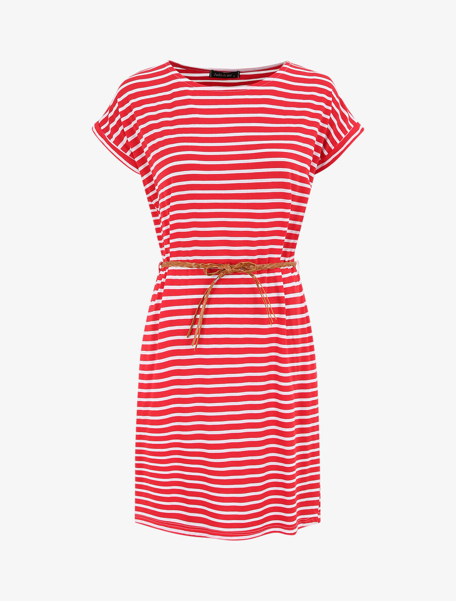 Robe courte droite rayée à manches courtes - Rouge - 1