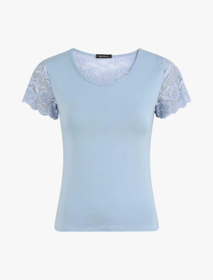 T-shirt ajusté à épaules en dentelle - Bleu clair - 5