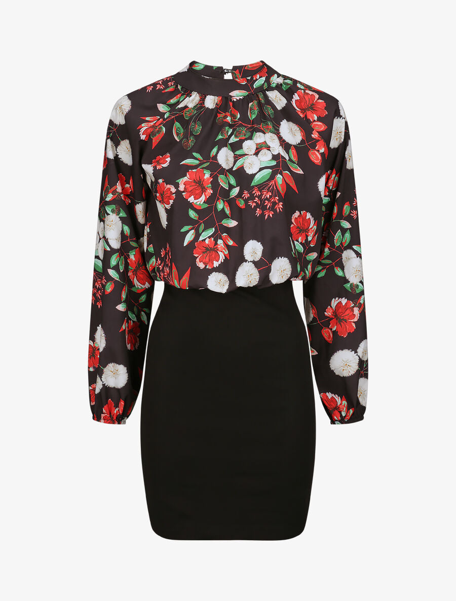Robe bi-matière à imprimé pissenlits et roses - Noir - 5