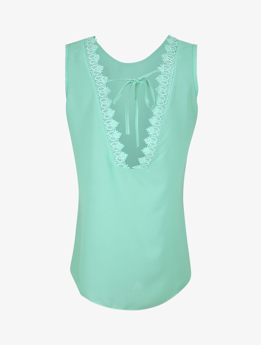 Top droit uni à dos en V et dentelle - Vert d&