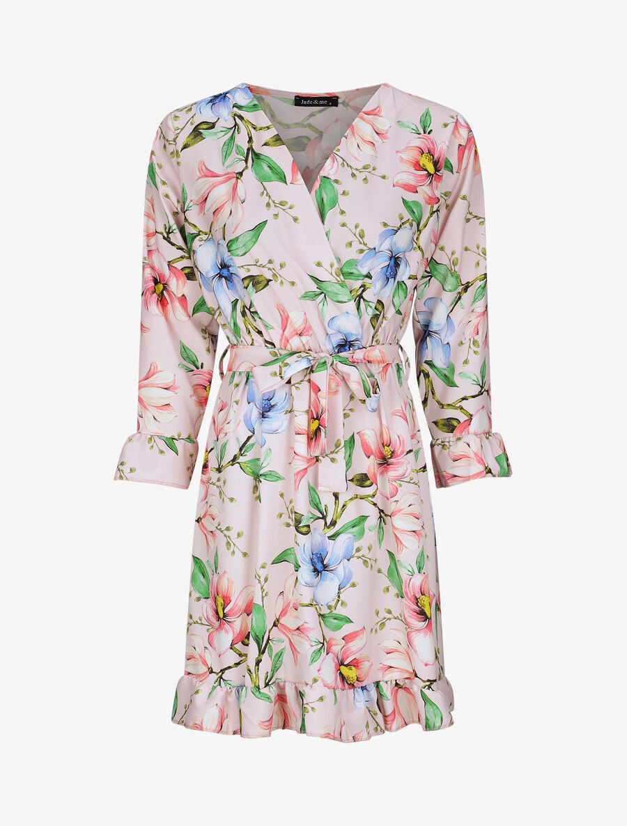 Robe imprimé fleurs printanières à manches et bords volantés - Rose - 5