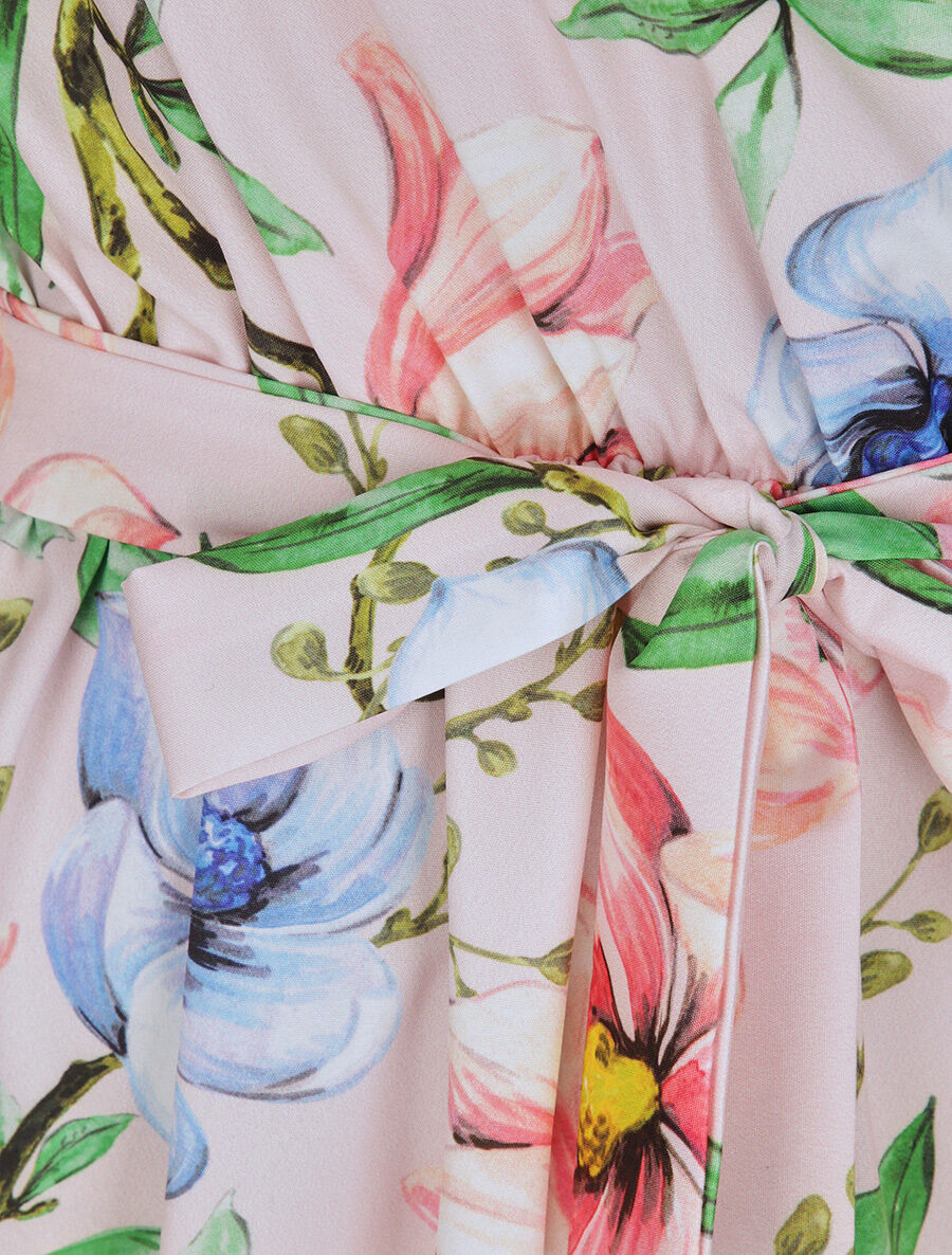 Robe imprimé fleurs printanières à manches et bords volantés - Rose - 4