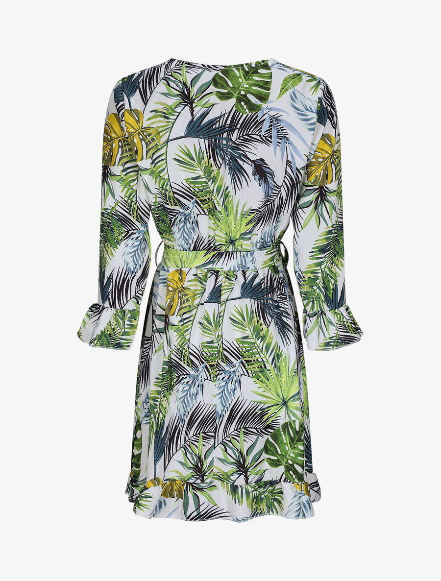 Robe imprimé tropical à manches et bords volantés - Blanc - 4