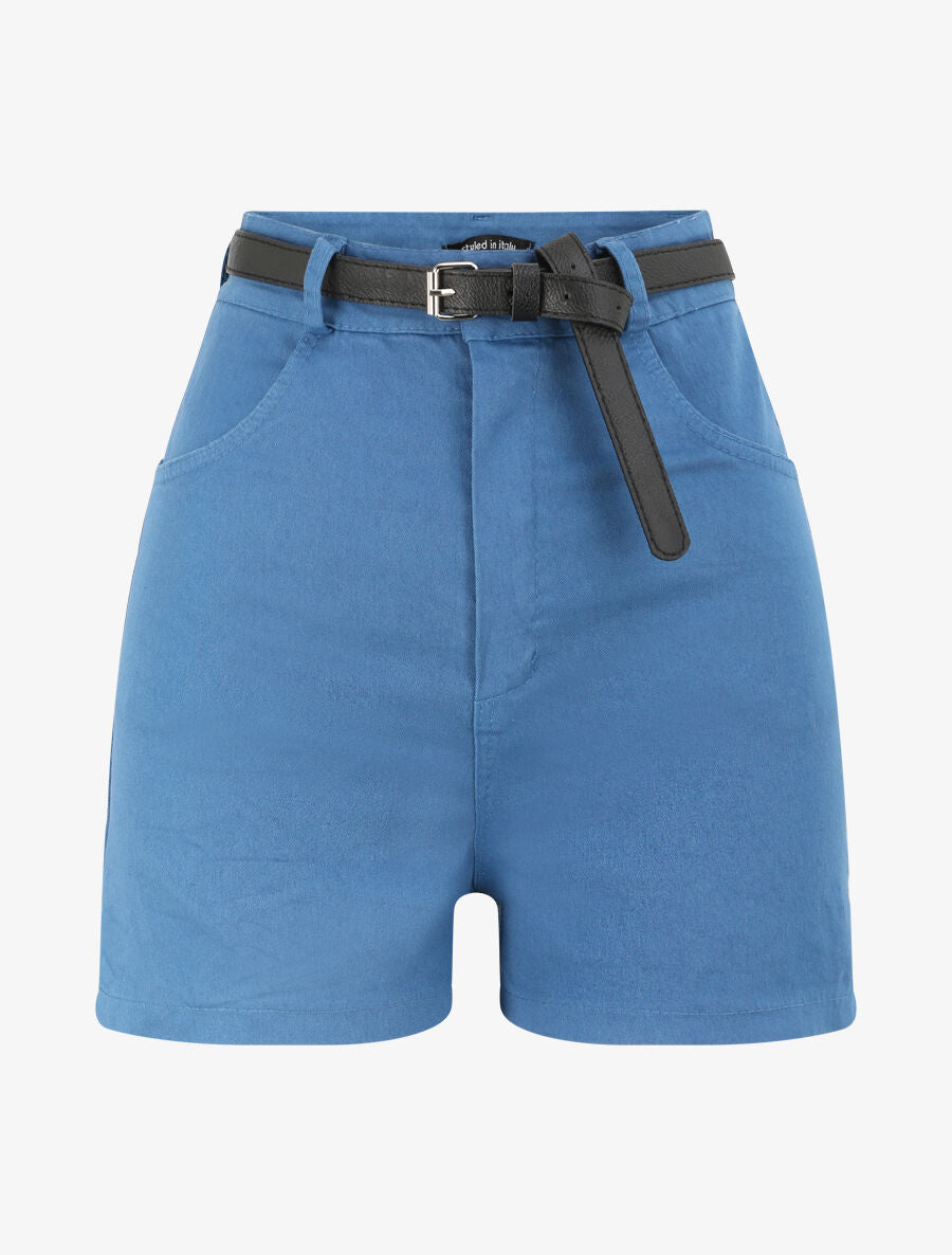 Short évasé uni à taille haute - Bleu - 4