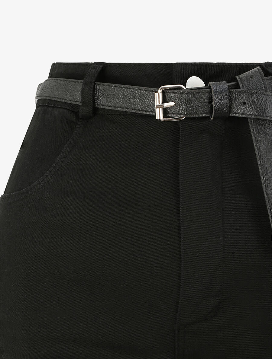 Short évasé uni à taille haute - Noir - 3
