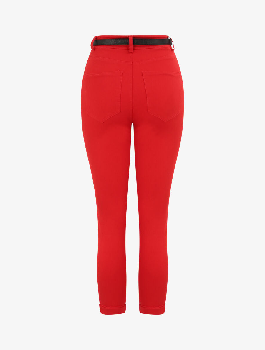 Pantalon uni à revers - Rouge - 2