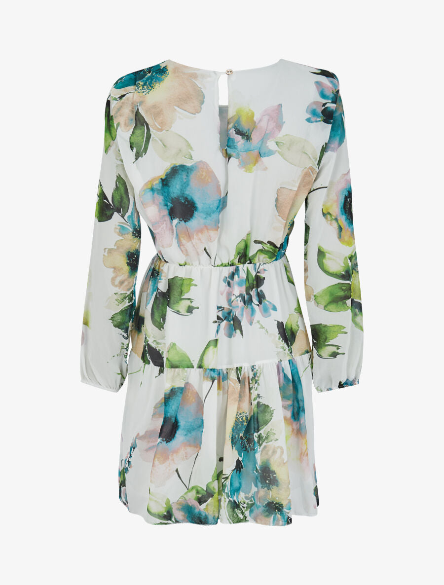Robe imprimé fleurs stylisées à épaules marquées - Blanc - 2