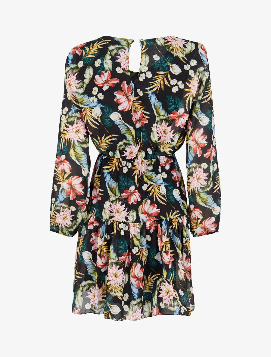 Robe imprimé bouquet tropical à épaules marquées - Noir - 2