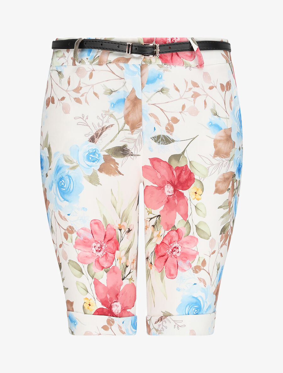 Bermuda à ourlets imprimé roses - Beige - 1