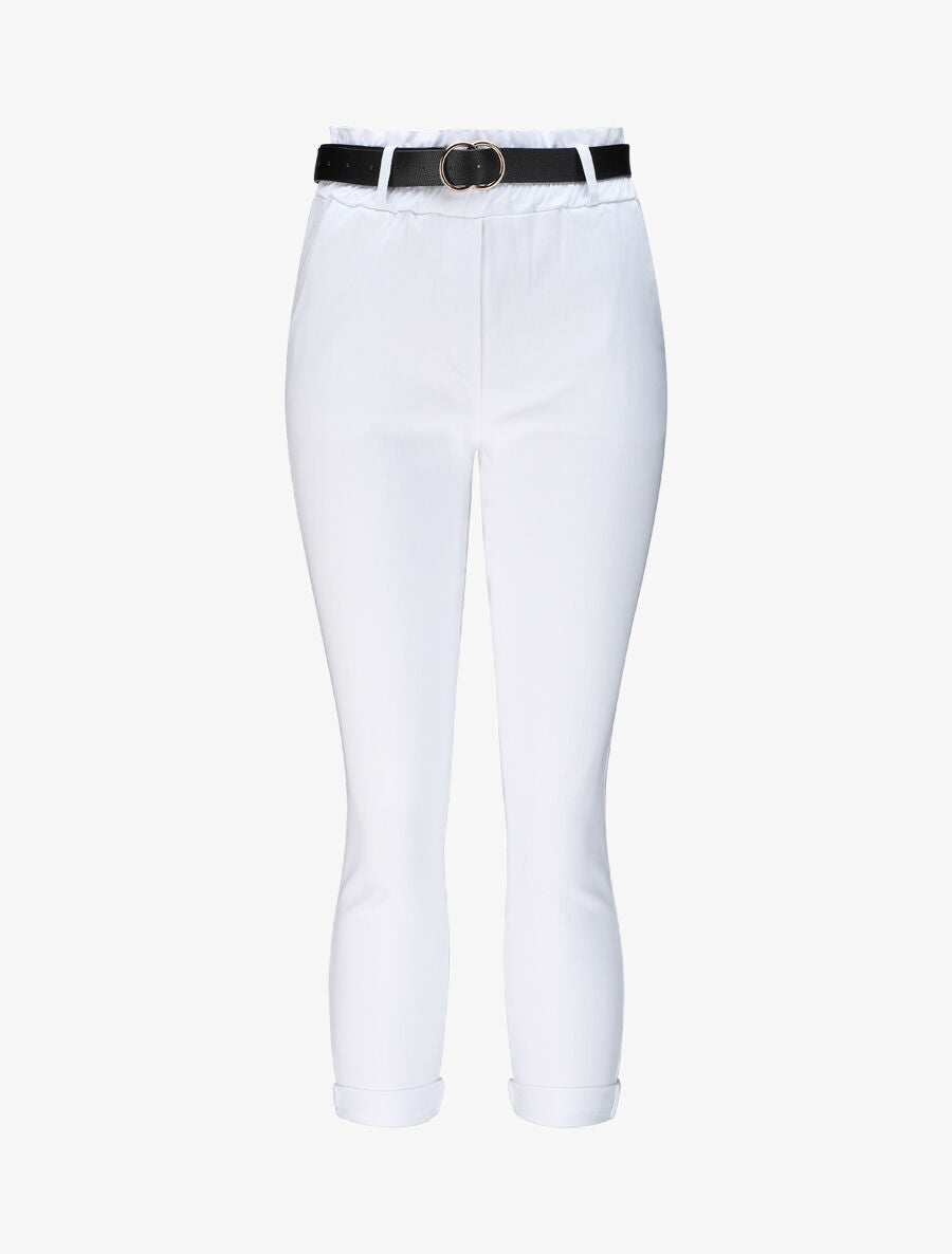 Pantalon paper bag uni avec ceinture - Blanc - 4