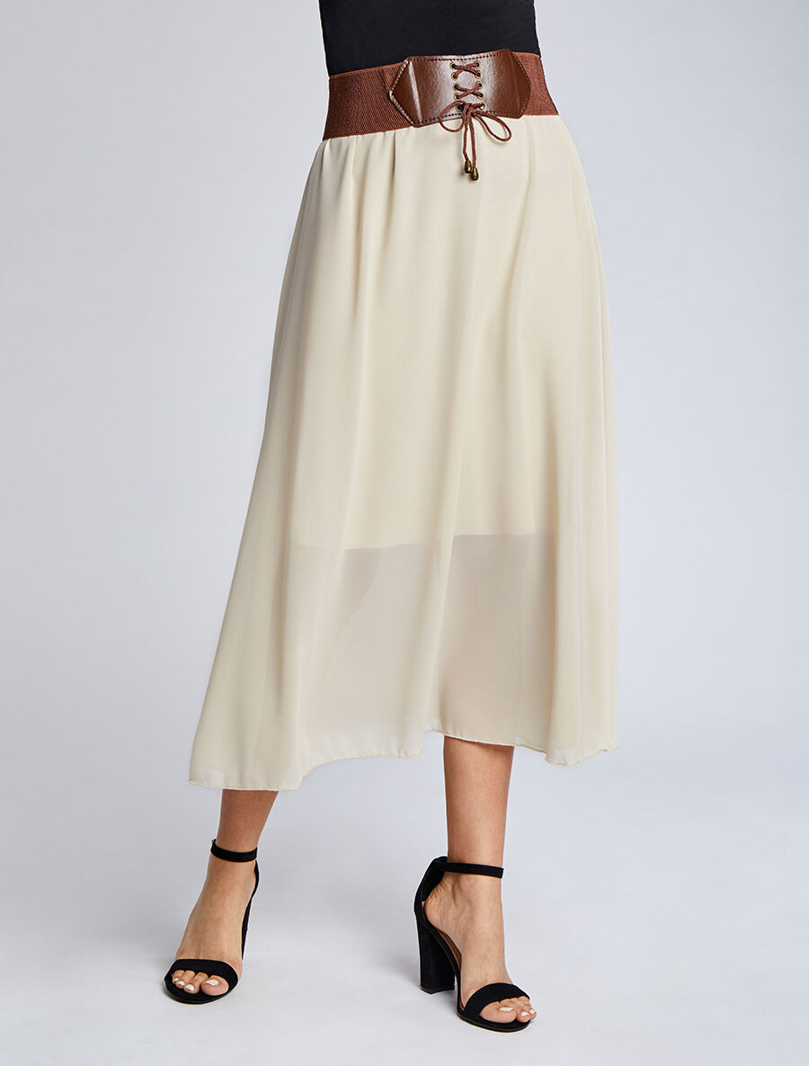 Jupe midi fluide unie - Beige - 4