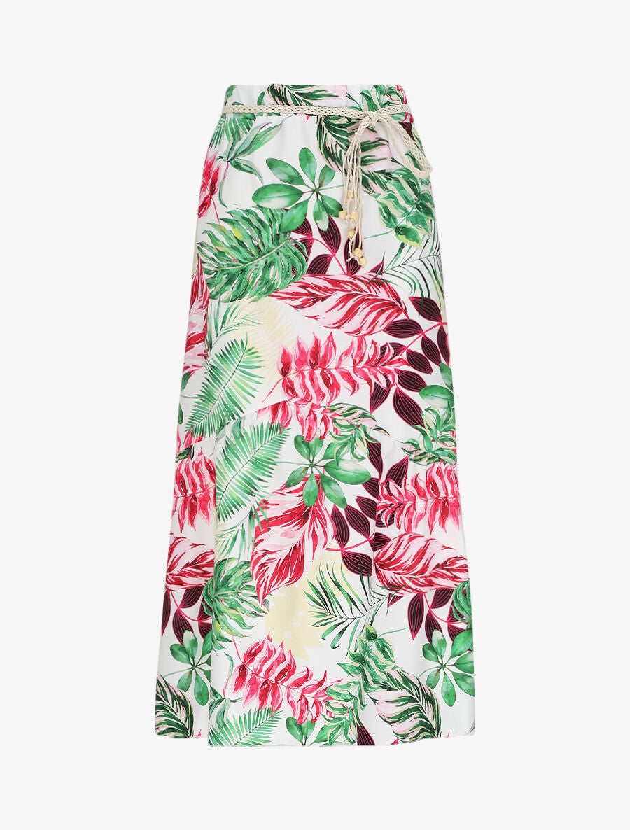Jupe mi-longue à couture en V imprimé tropical - Blanc - 1
