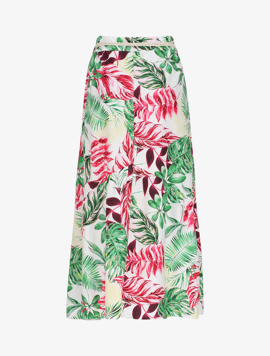 Jupe mi-longue à couture en V imprimé tropical - Blanc - 2