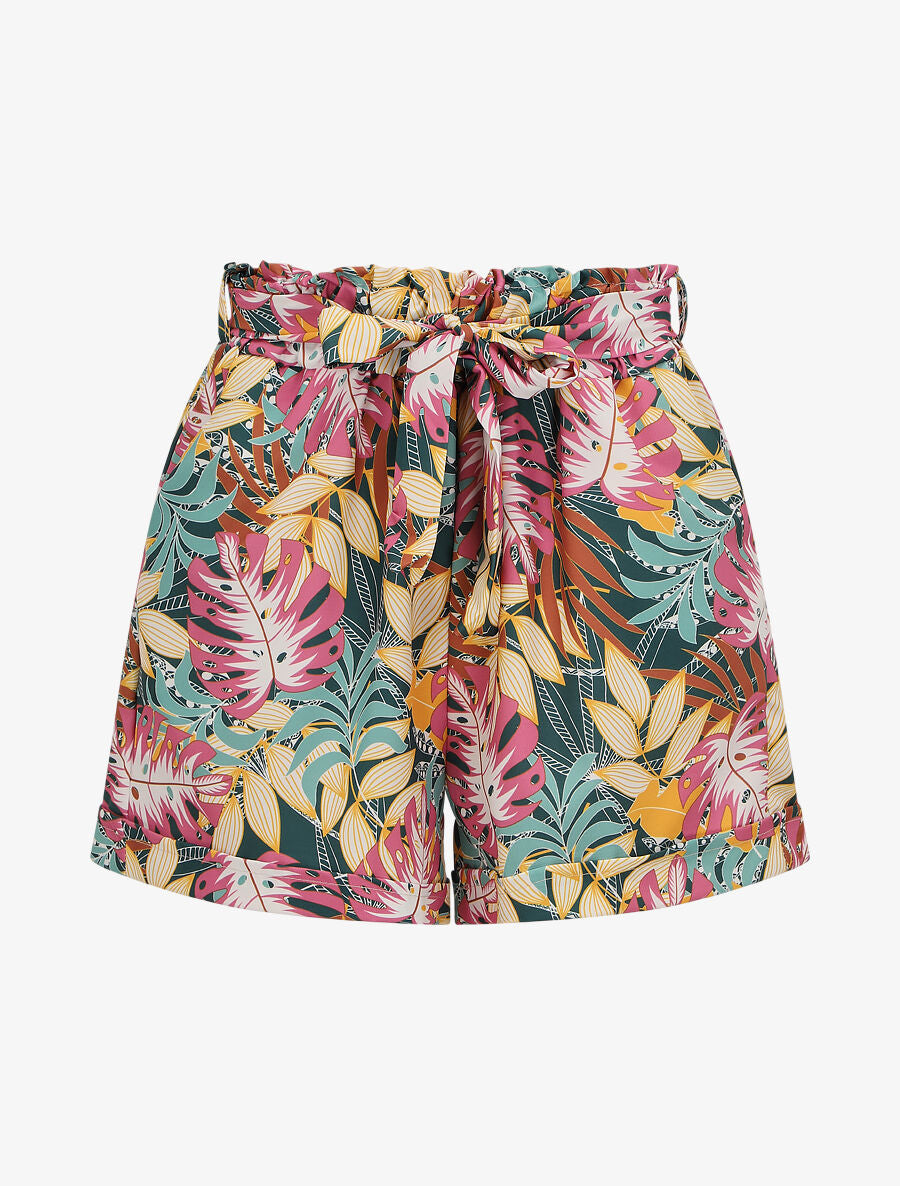 Short imprimé feuilles tropicales à revers - Vert sapin - 1
