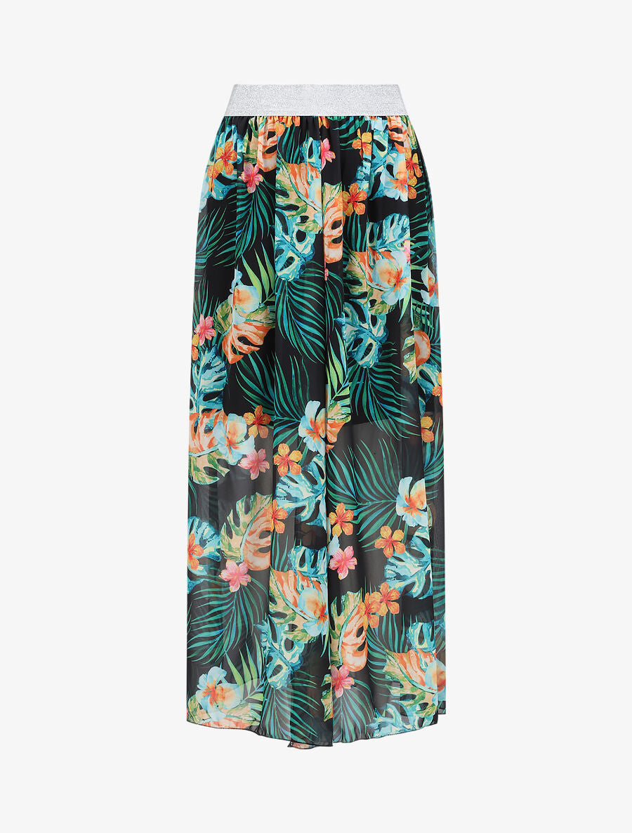 Jupe longue en voile imprimé tropical à ceinture contrastante - Noir - 5
