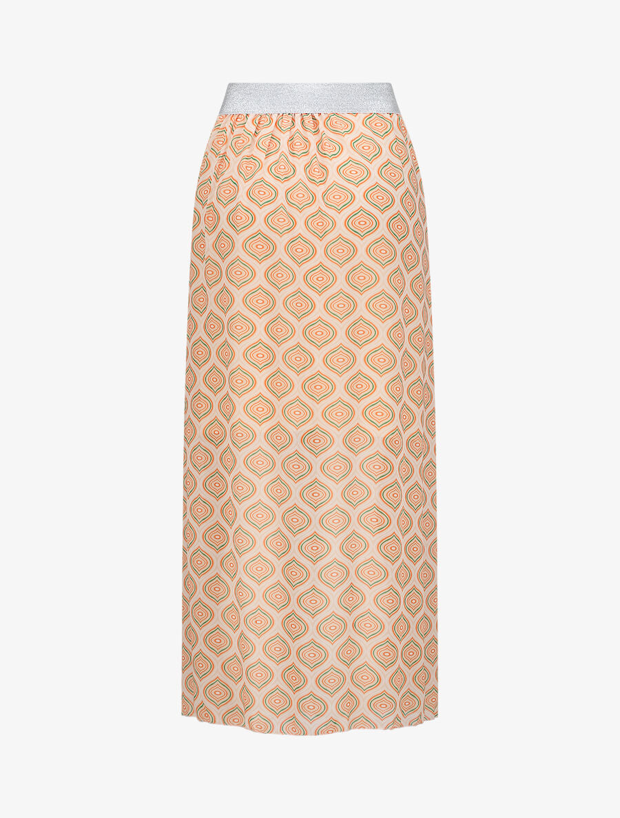 Jupe longue en voile imprimé psychédélique à ceinture contrastante - Beige - 2