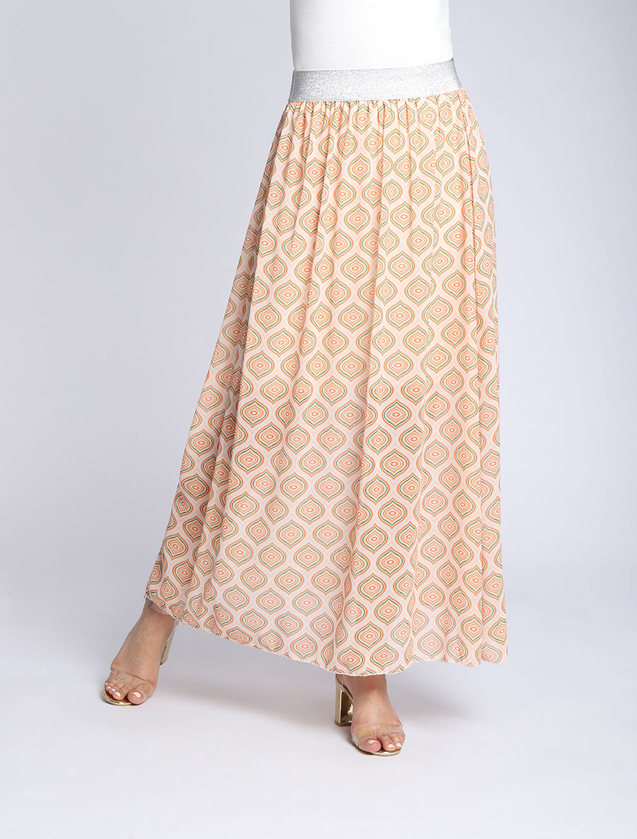 Jupe longue en voile imprimé psychédélique à ceinture contrastante - Beige - 4
