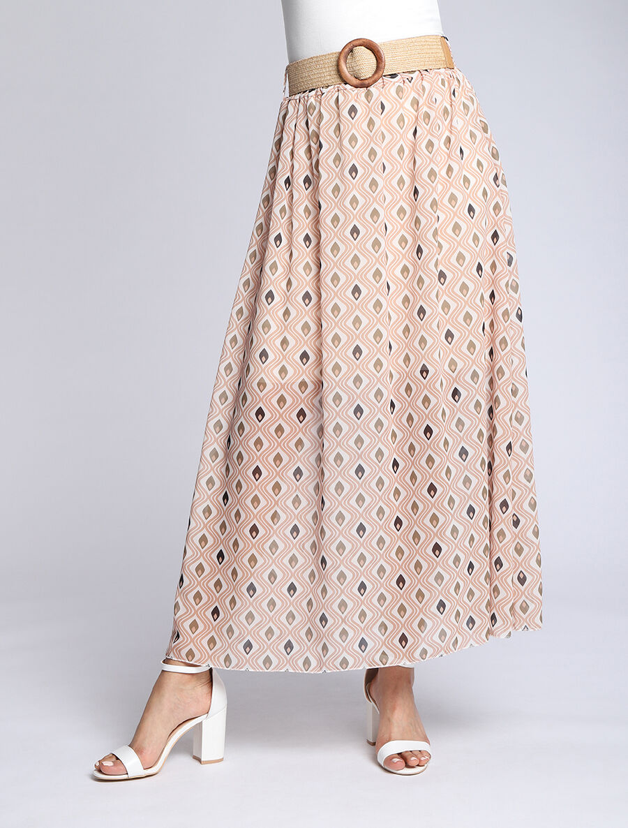 Jupe longue en voile imprimé géométrique stylisé - Beige - 4